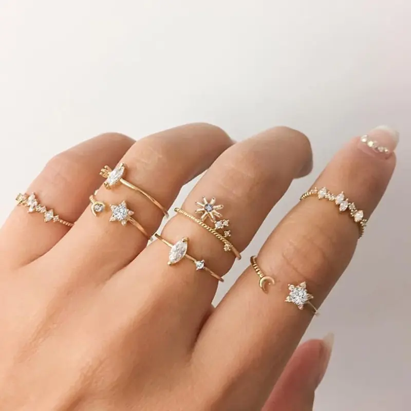 

5764 Cross border Star Moon Ring Set 7pcs set Creative retro simple joint ring