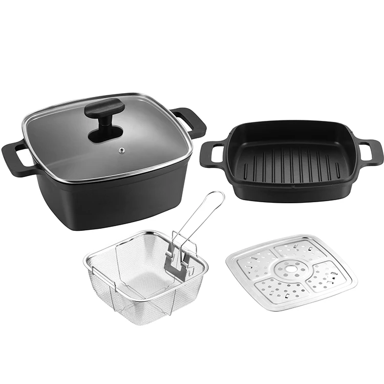 

Nonstick Copper Deep Square All in One Casserole Pan & Stock Pot Set, Includes Frying Basket and Steamer Tray die cast cookware, Customized color