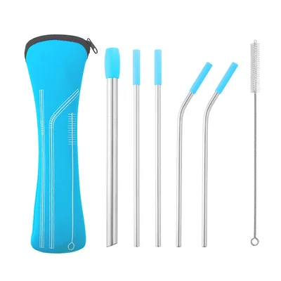 

Reusable 304 Stainless Steel Drinking Straw Beverage Milkshake Metal Straw Blue Silicone Sleeve Storage Bag Set, 2 color