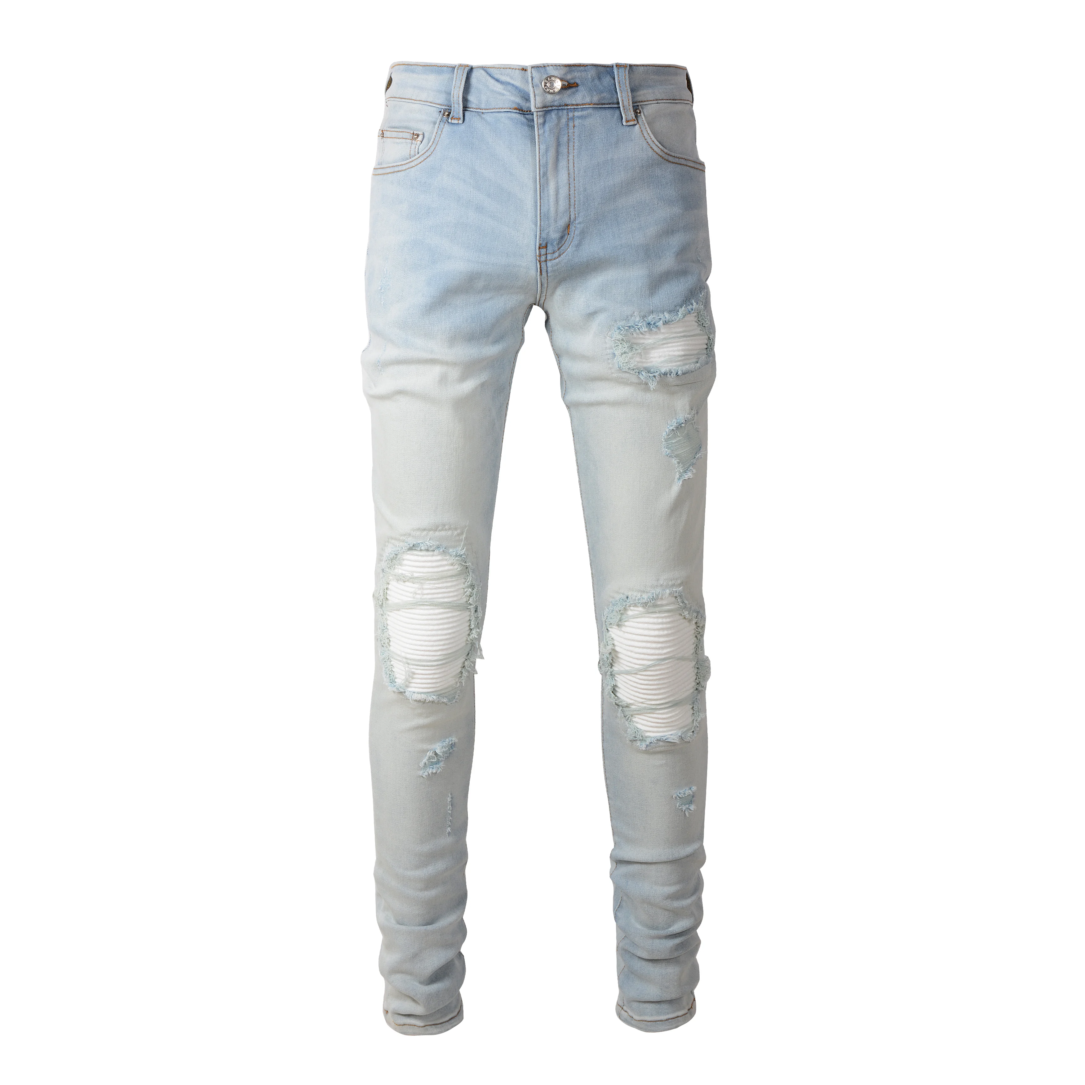 

6624 High street For stripe zipper personality damaged slim plus size pants men's bulk wholesale patch jeans