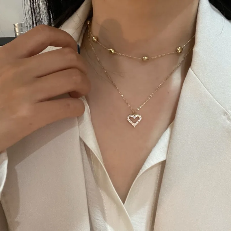 

Shining Bling plating14k Real Gold Double layer Heart Necklace Cubic Zircon Clavicle Chain Heart Pendant Necklace For Girl