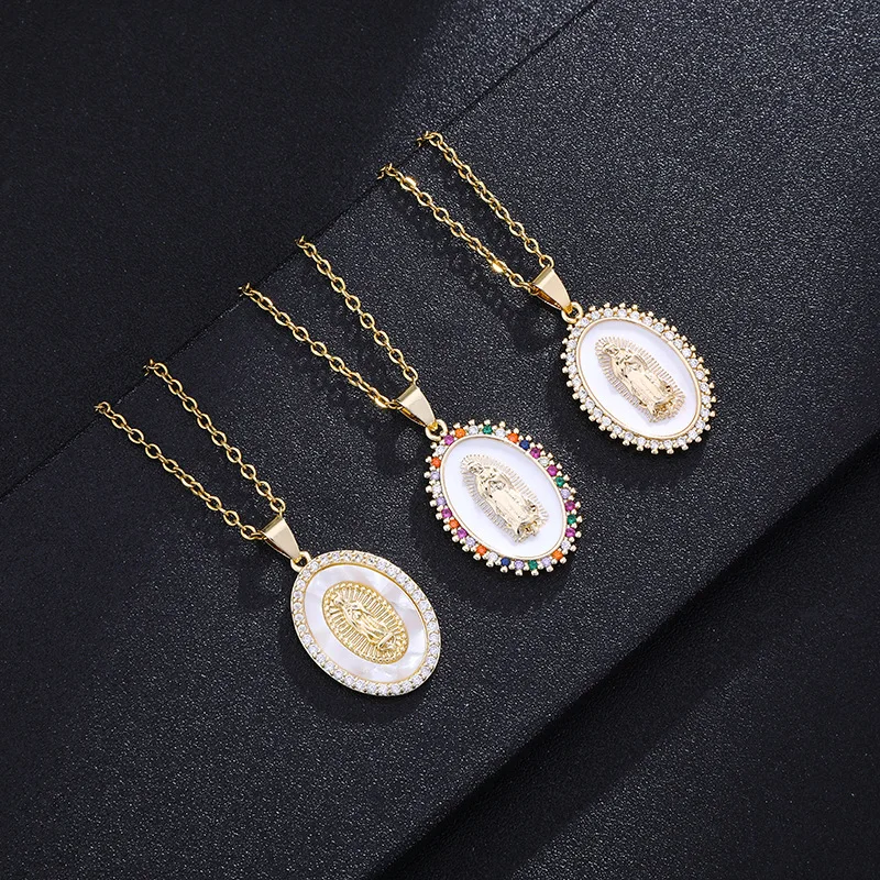 

Catholic Religious Gold Plated Micro Pave Crystal Colorful Cubic Zircon Stainless Steel Chain Virgin Mary Pendant Necklace