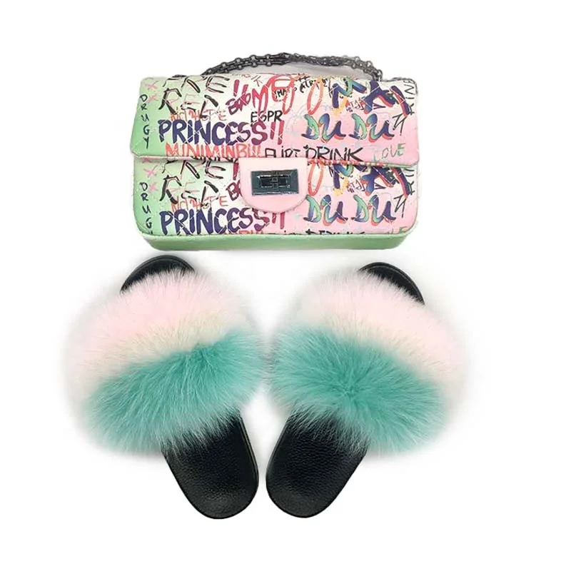 

Women jelly bag fur sandal purses with fox fur slippers summer furry matching sandals and bag sets, Customized color