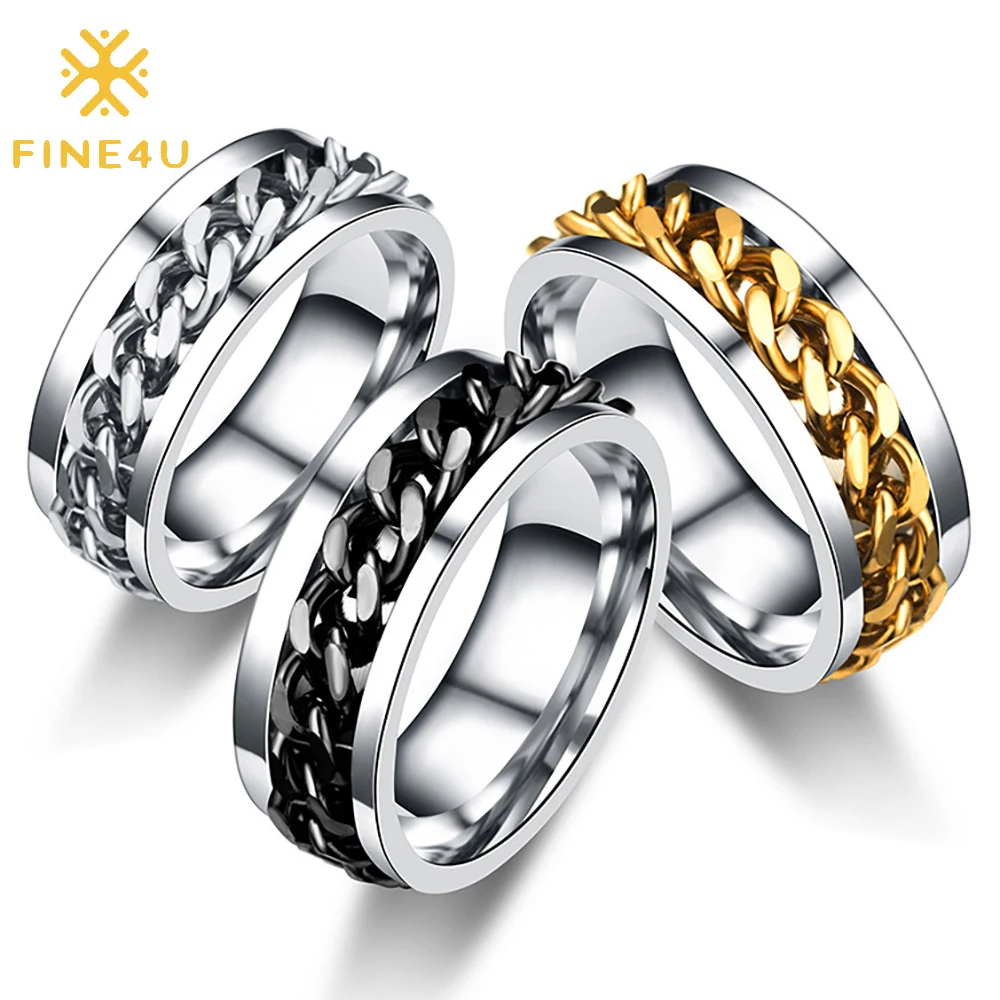 

Men fashion trendy hip hop jewelry rotatable black cuban gold plated stainless steel link chain rings, Gold/black/steel