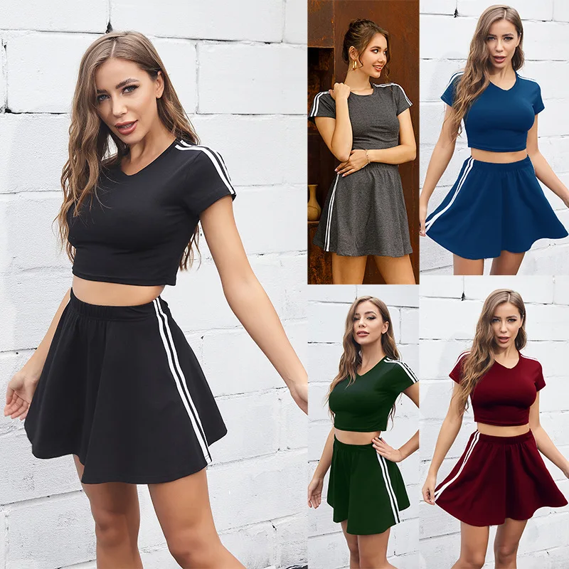 

F21931A 2021 hot sale fashion solid color striped short sleeve blouse skirt sport suit women summer set, Black, dark blue, dark gray, burgundy, dark green