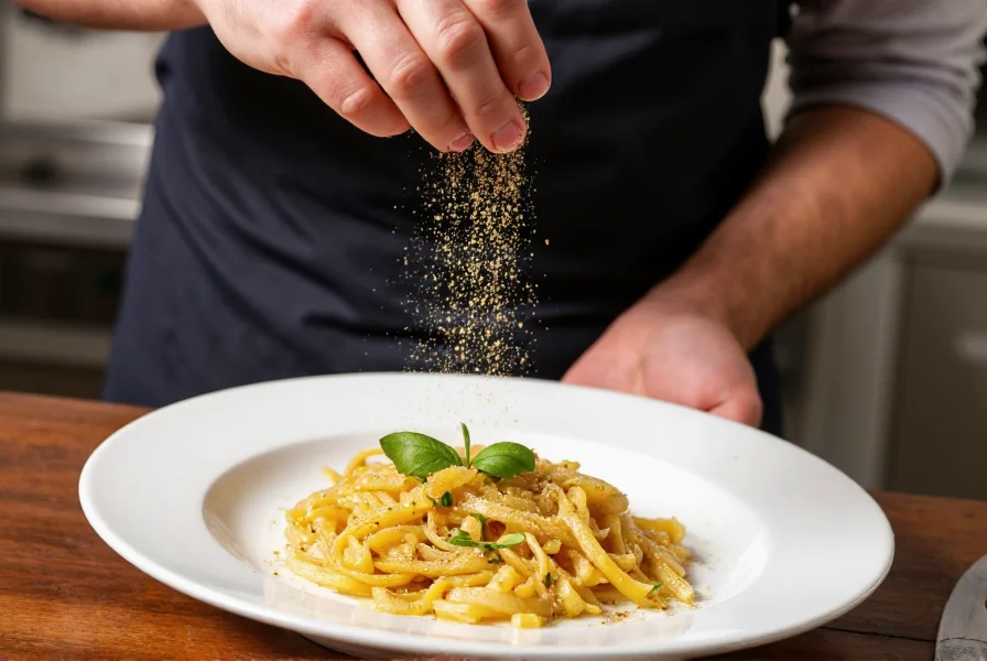 Chef's hands sprinkling fennel pollen over a finished pasta dish with fresh herbs