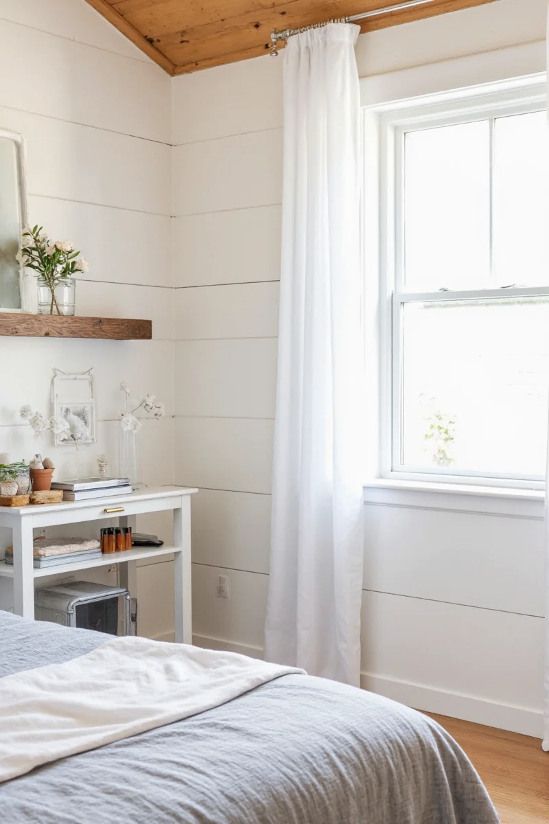Cozy living room with knotty pine shiplap walls and playful decor elements