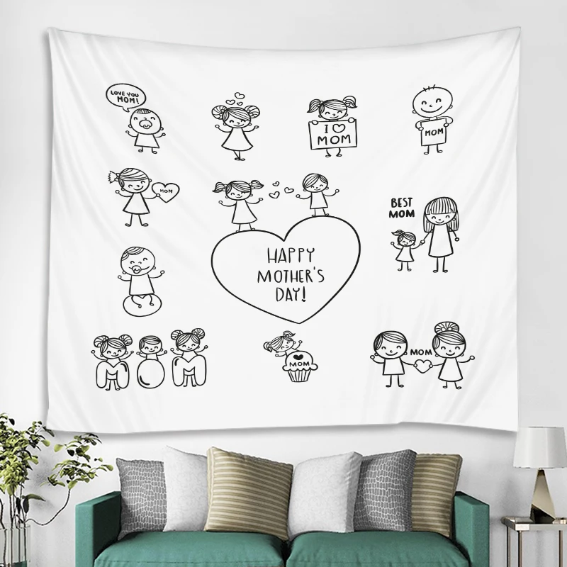 

Happy Mothers Day Tapestry Black White Figure Mom Daughter Son Tapestry Holiday Decoration Tapestry Wall Hanging, Customized color
