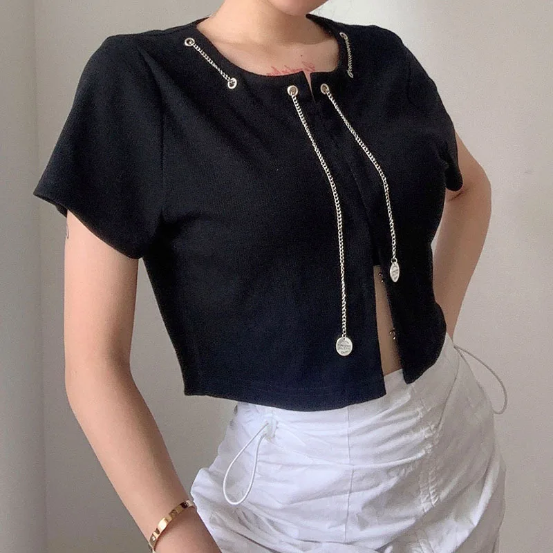 

Hot Wholesale Irregular Chain Fashion Short T-shirt Women's Cardigan