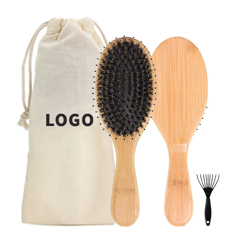 

Professional Customize Logo Private Label Wood Handle with Boar Bristle Hair Air Cushion Paddle Brush