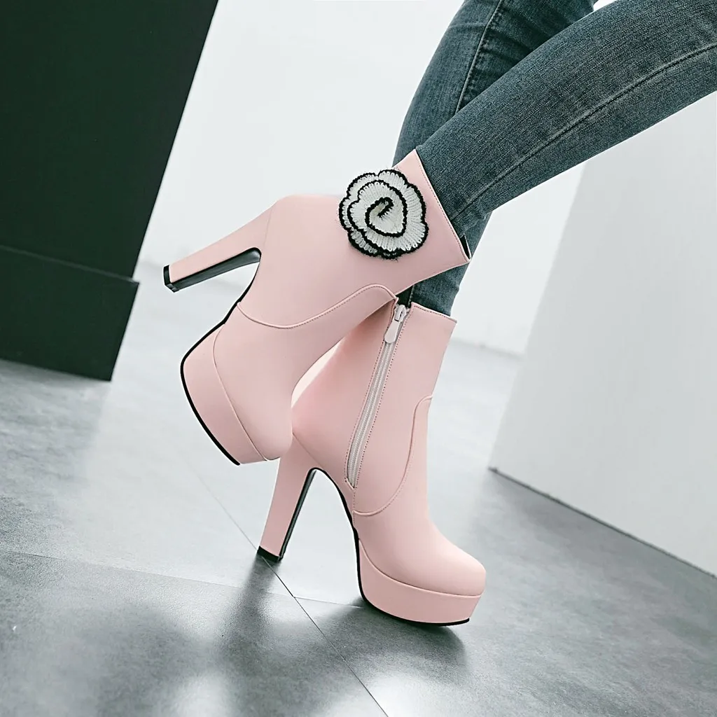 

Europe Stylish Round Toe Crystal High Heel Flowers Side Zipper Platform Waterproof Ankle Boots, Black/white/pink