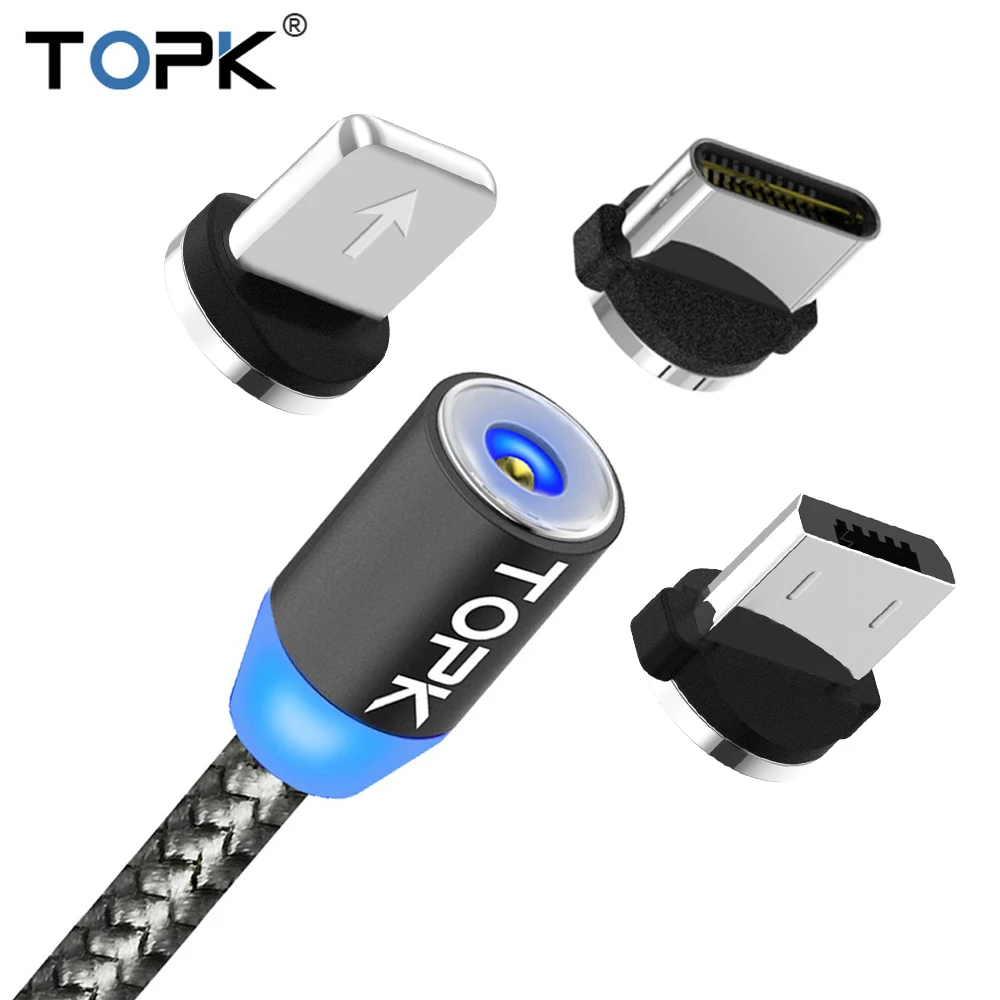 

Free Shipping TOPK 2M 3 In 1 Aluminium Usb Charger Cable Quick Micro Usb Magnetic Cable For Phone, Black/red/gold/sliver/