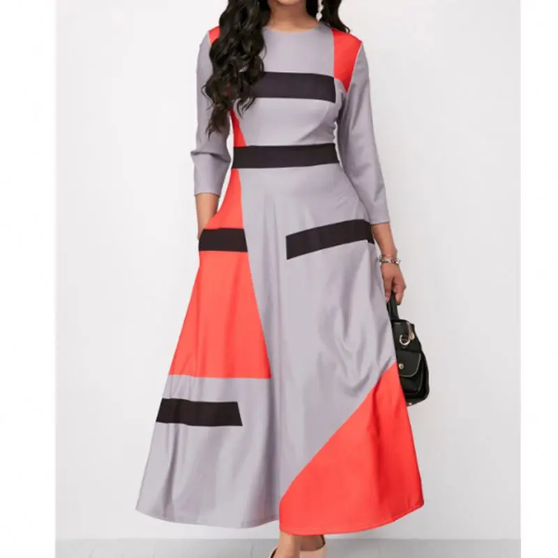 

2021 Spring O-Neck Large Size 5XL Hit Color Pocket A Line Lady Casual Dress, Gray