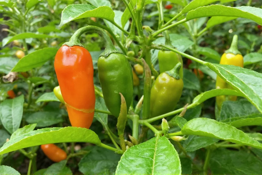 Pepper plants showing various color stages from green to red on the same plant