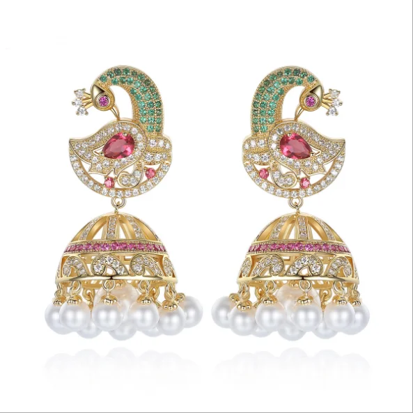 

handmade Boho peacock bell dangle beads beaded cz diamond Indian women jewellery gold kundan jhumka earrings