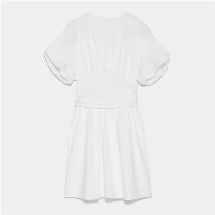 

BMURHMZA2021 summer new women's pleated closed waist all-match bubble sleeve V-neck short sleeve French dress, Picture color