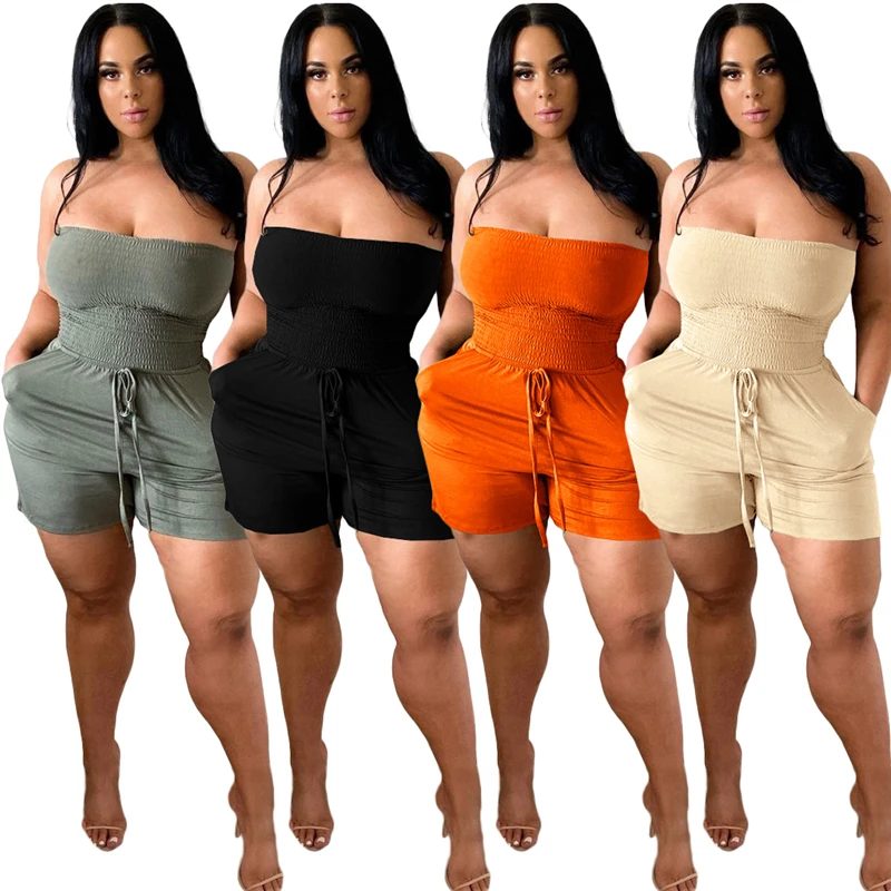 

2021 Sleeveless Jumpsuit Wrapped Chest Loose Women One Piece With Pocket Off Shoulder Rompers For Women, As picture