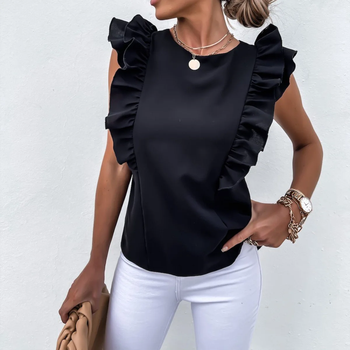 

Solid Color White Fly Sleeve Lace Flower Blouse Shirts Ladies Tops Short Sleeve T Shirt, Shown