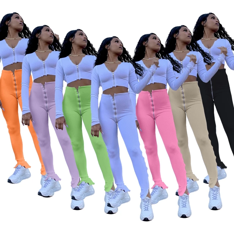 

Fashion solid color tight zipper rib pants high waist casual slit micro flared sport trousers Your customers will love it, Customized color