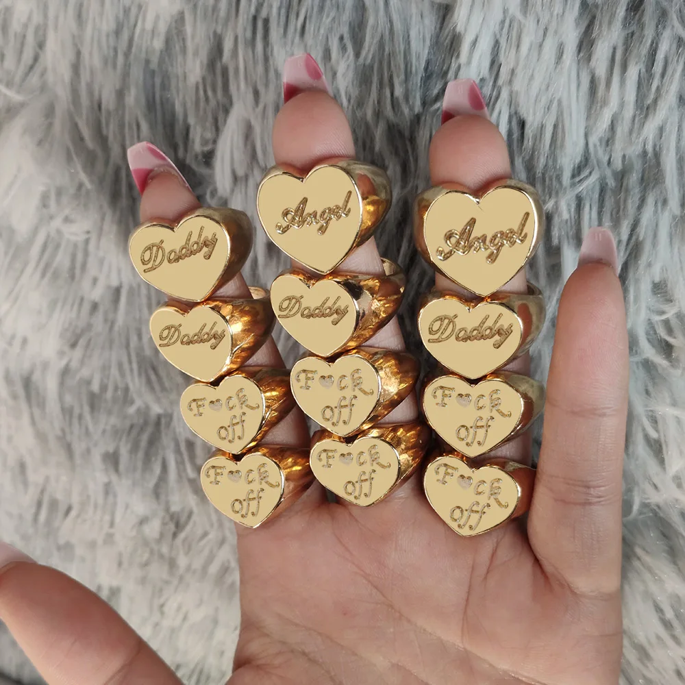 

Chunky Thick Wide Heart Shaped Engrave Letter Baby Girl Daddy Angel Rings For Father's Day Girlfriend Gifts, Gold silver