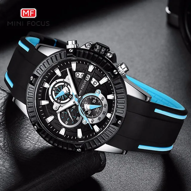 

MINI FOCUS 0244 fashion blue gents quartz watch hot sale Silicone band calender Multi function vintage sports wrist watch