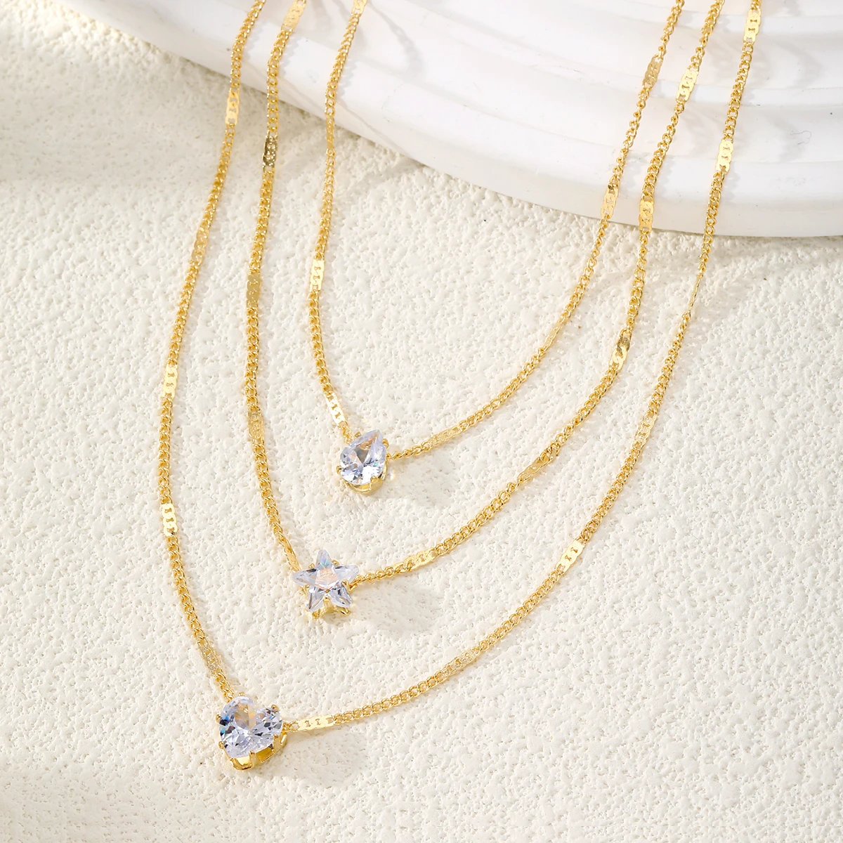 VKME Fashion Zircon NecklaceGold Color Multi Layer Chain Star Heart Rhinestones Necklace for Women Jewelry