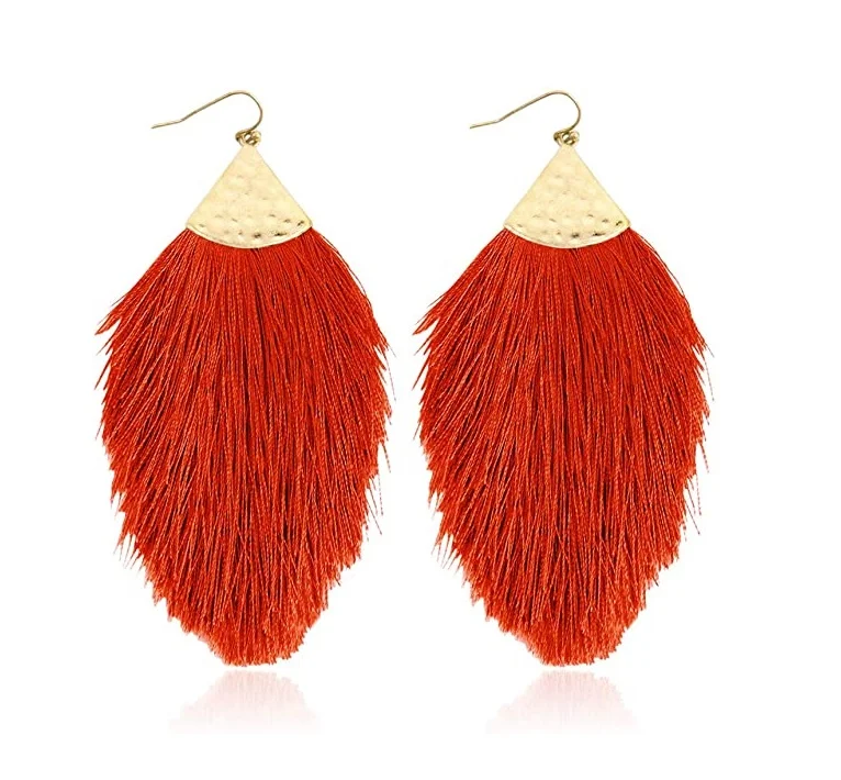 

Bohemian Lightweight Strand Feather Shape Dangles Silky Thread Fan Fringe Tassel Statement Earrings