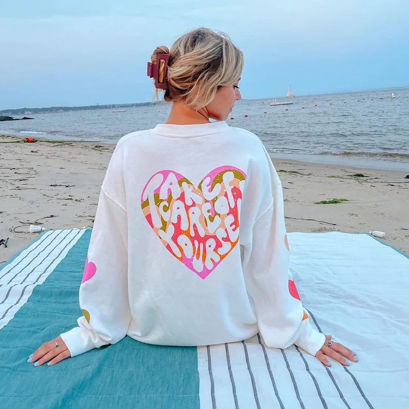 

186201# 2021 autumn winter new cute women's back heart crewneck print loose sweater women's hoodies & sweatshirts, As picturers show