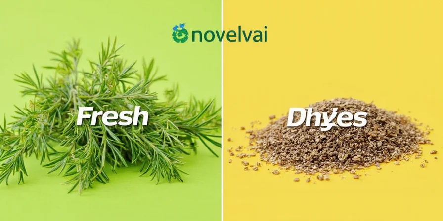 Fresh thyme leaves next to dried thyme in a spice jar