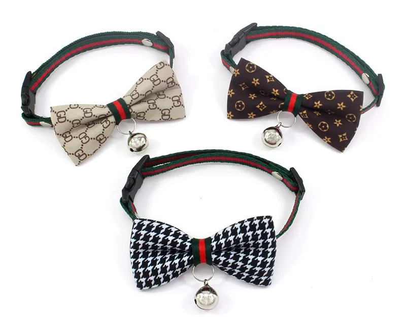 

Luxury unique classic pattern nylon pet bow collar dog cat collar with bell