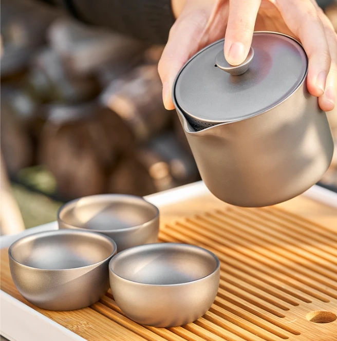 Outdoor Chinese Style Kung Fu Tea Set Pure Titanium Gaiwan Double-Layer Anti-Scald Bowl Portable Camping Hiking Travel Accessory