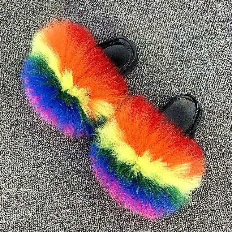 

Hot in the U.S. soft fluffy custom color real fox slippers sandals fur slides for kids, Customized color
