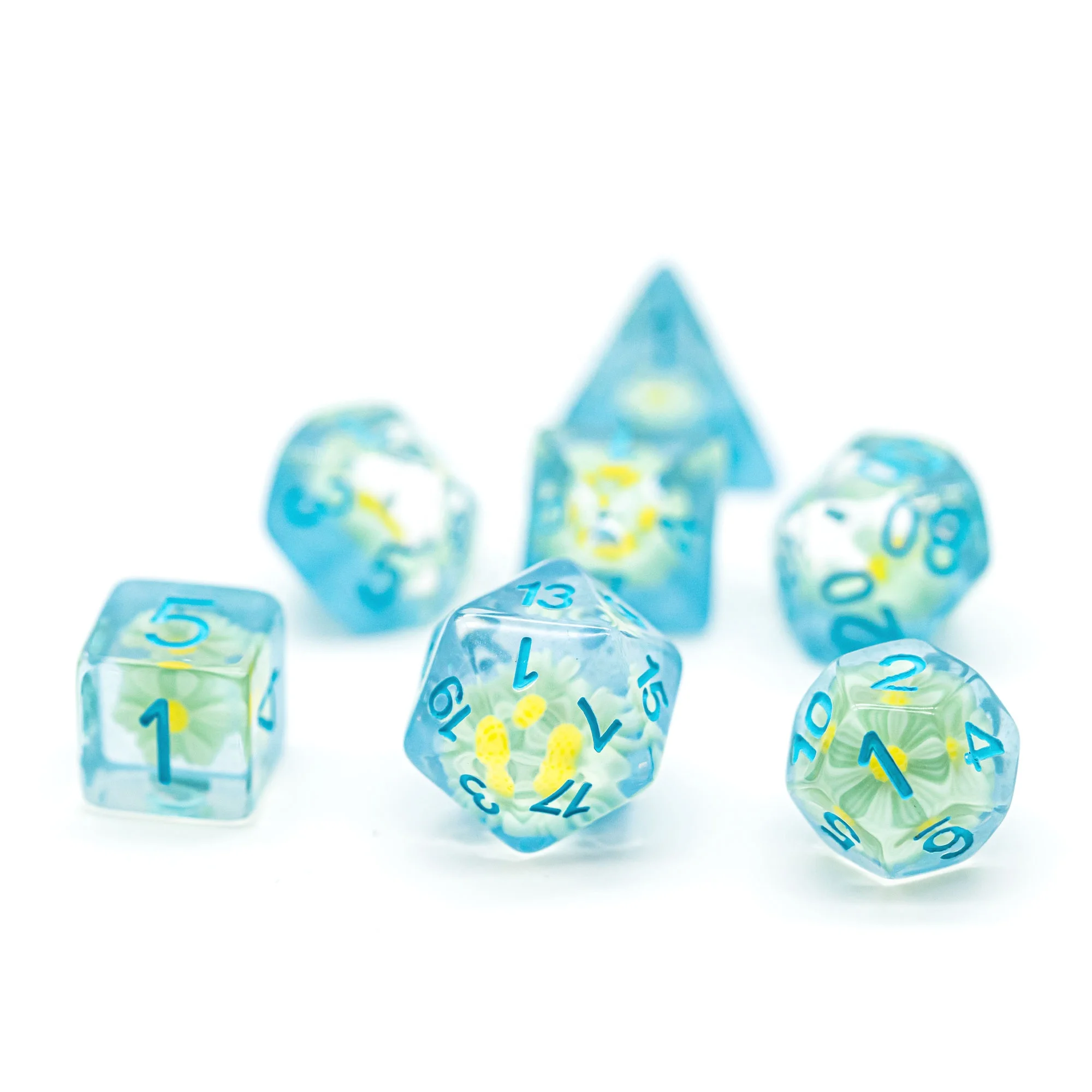 

Udixi Polyhedral Dungeons and Dragons DND RPG Resin Dice With Resin Flower Blue