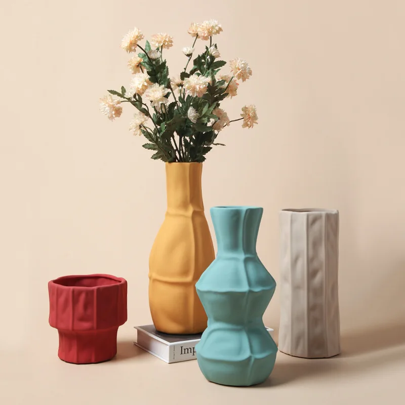 

Wholesale New Design Light Luxury Ceramic Vase Nordic Creative Handmade Vertical Stripes Morandi Color Ceramic Vase For Home, Red/sky blue/beige