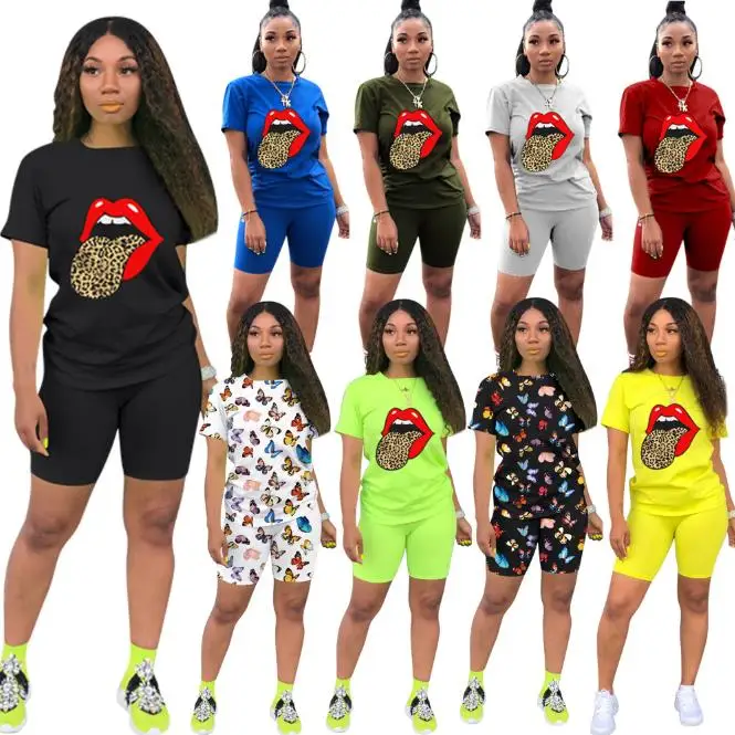 

Summer clothing Women Casual 2 Piece Outfit Lip Print Short Sleeve T Shirts Tops Bodycon Shorts Set Plus Size Jumpsuit Rompers