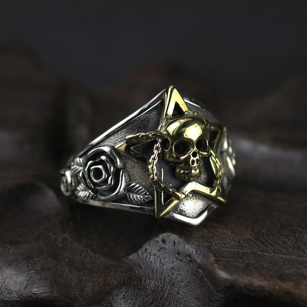 

Real Pure 925 Sterling Silver Viking Ring Skull With Pentagram Gothic Punk Rock Rose Flower Carving Resizable For Men and Women