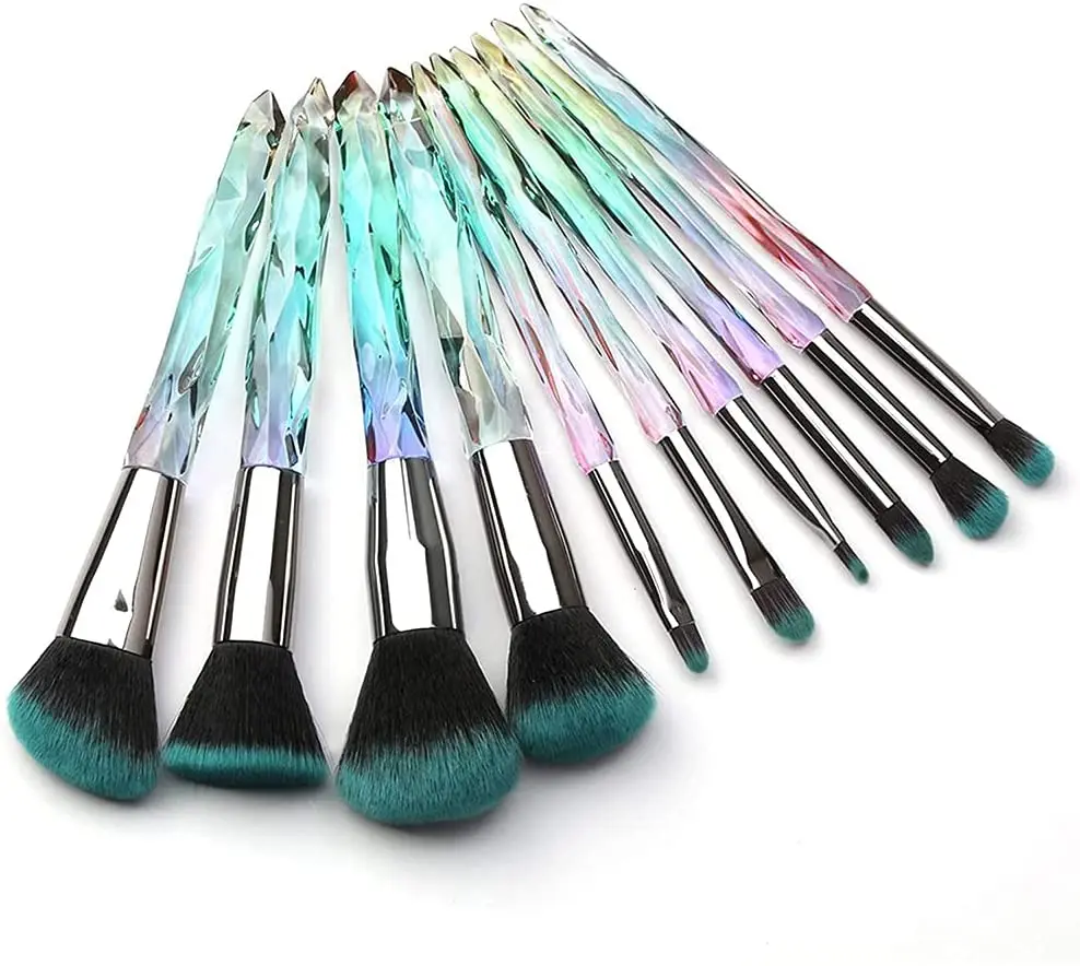 

10pcs Crystal Transparent Handle Premium Synthetic Cosmetic Foundation Small Concealer Eye Shadow Eyeliner makeup brush set