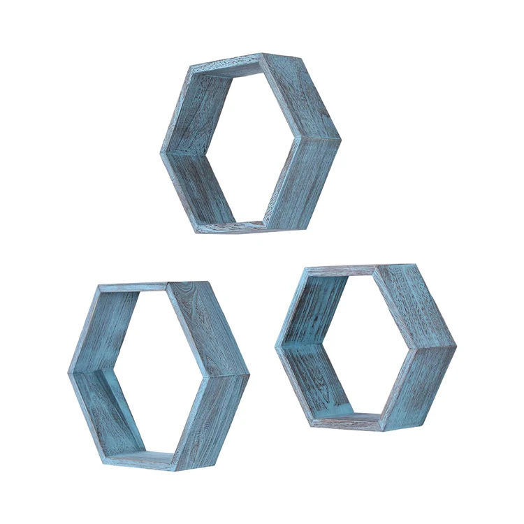 Set of 3 Nordic Hexagon Cube Wooden Wall Mounted Shelf