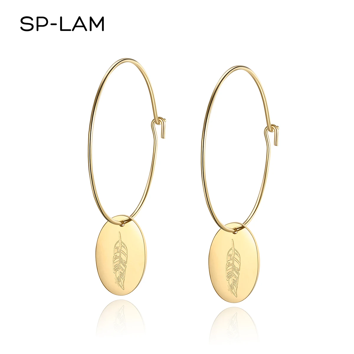 

SP-LAM Korean Summer Large Gold Stainless Steel Hoop Earrings Tree Pendant Hoop Earring