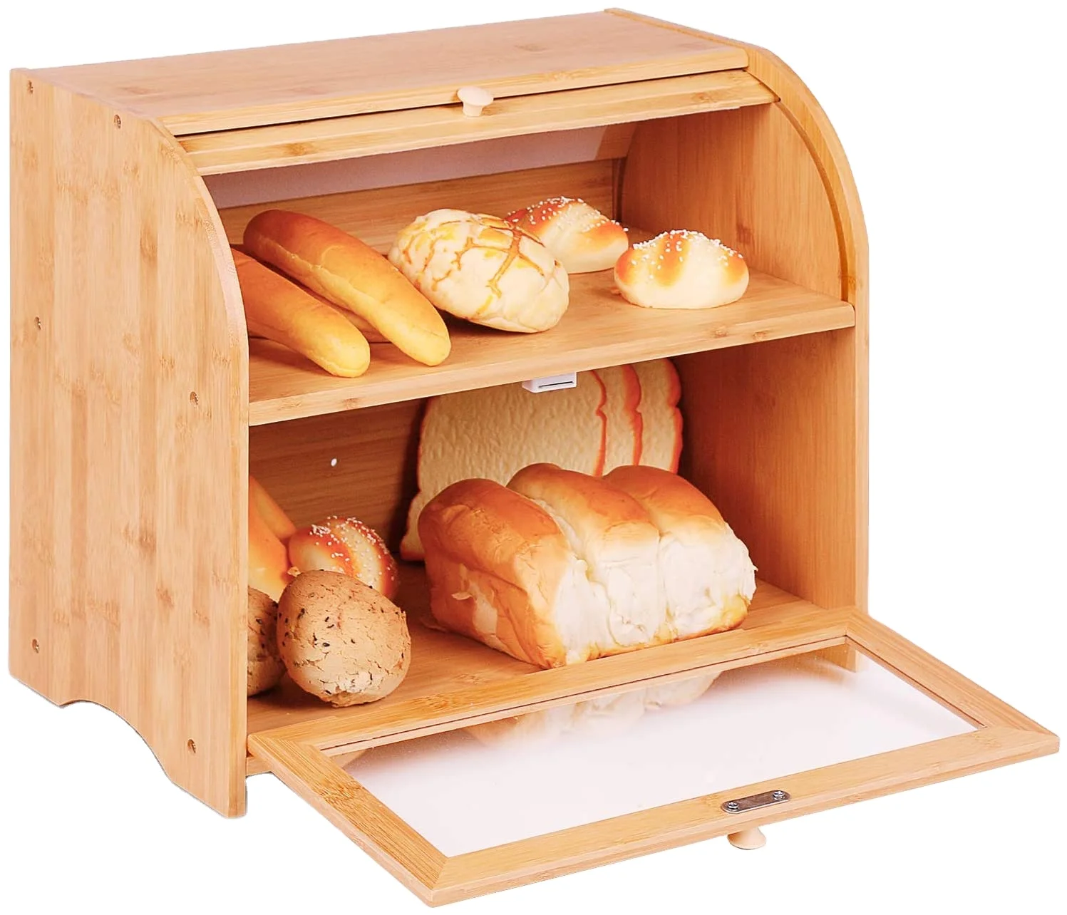

2 Layer Bamboo Roll Top Bread Box Large Capacity Bread Keeper Kitchen Food Storage with Transparent Window