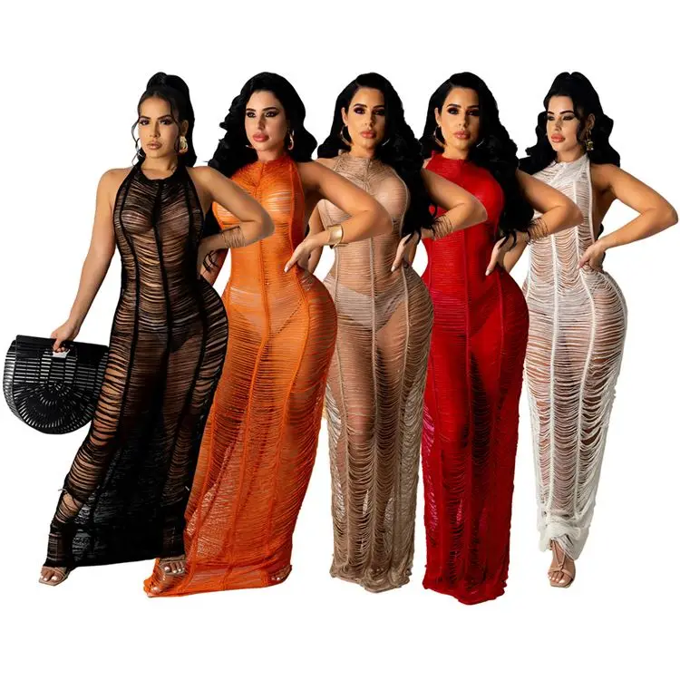 

Lowest Price Halter Sleeveless Backless Sexy Summer Solid Weave See Through Beachwear Women Long Maxi Dresses