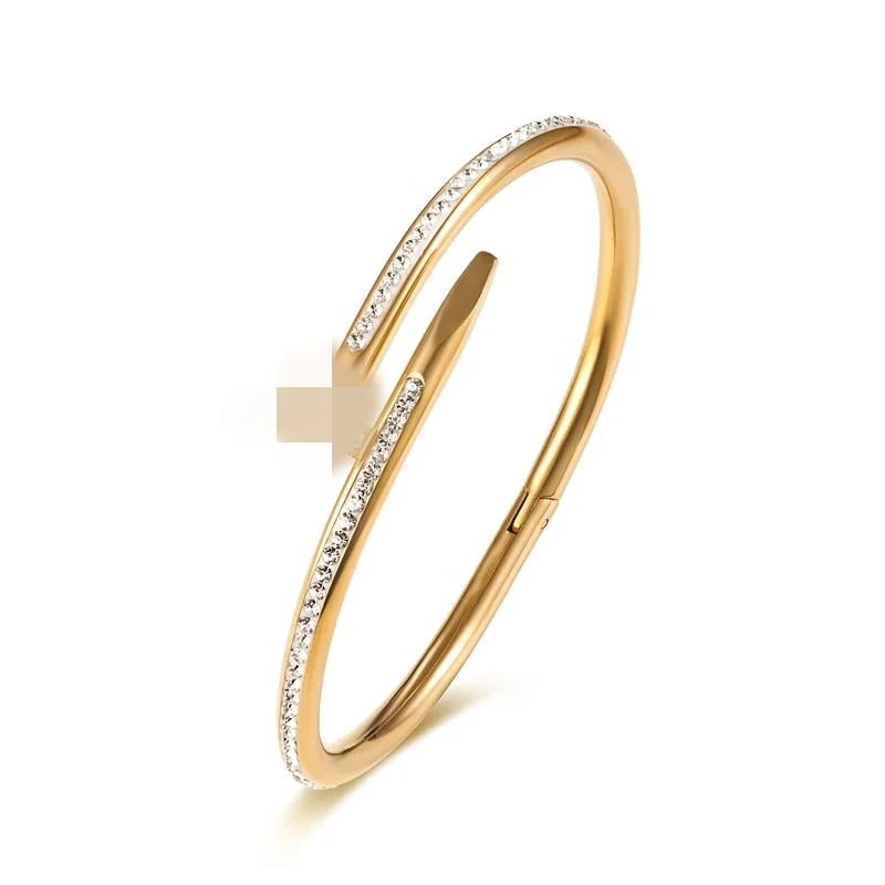 

wholesale custom fashion jewelry 316L stainless steel gold plated crystal nail design cuff bracelet bangle for women, All common color are available