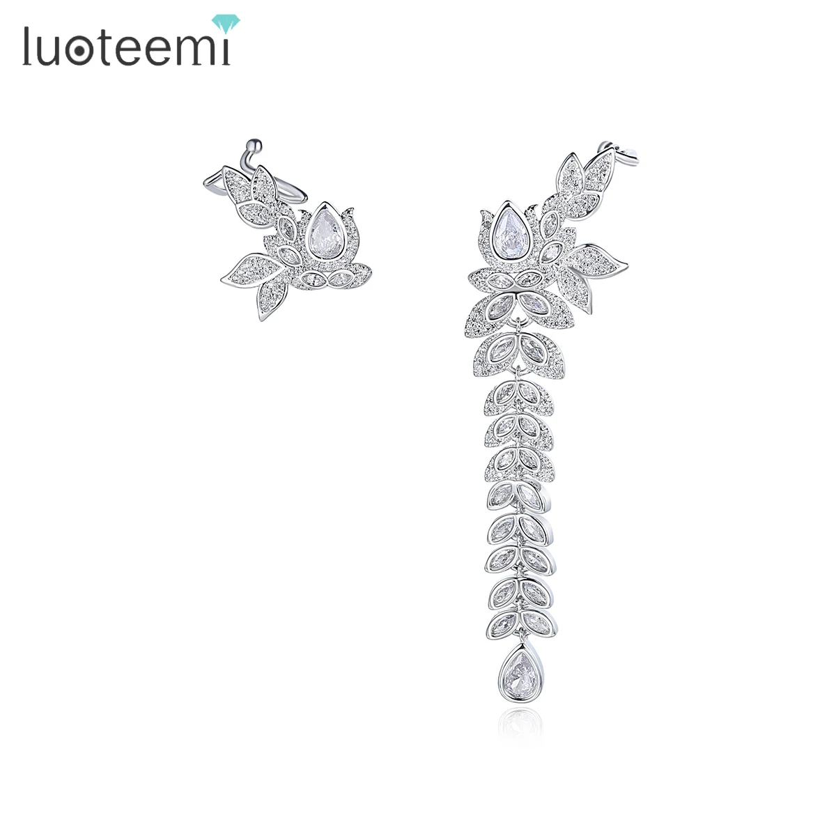 

LUOTEEMI Asymmetric European Jewelry Luxury Design Lady Woman Wedding Elegant Earing Large Dangle Cubic Bridal Earring