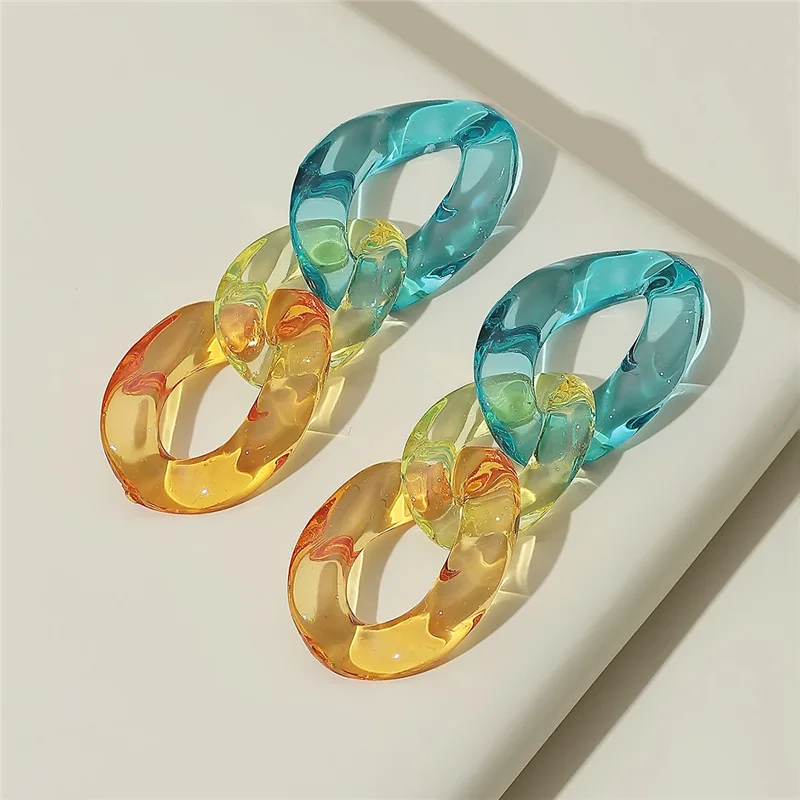

S925 Silver Needle Mixed Color Twisted Chain Acrylic Earrings Translucent Jello Color Resin Chain Drop Earrings
