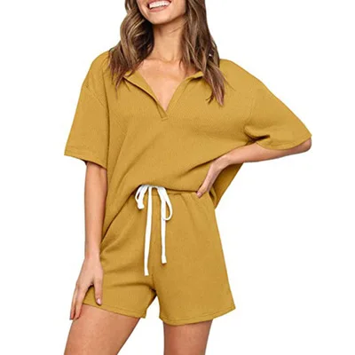 

Summer Amazon ladies outer wear home 2 piece outfits pure color short sleeve cotton two piece shorts set
