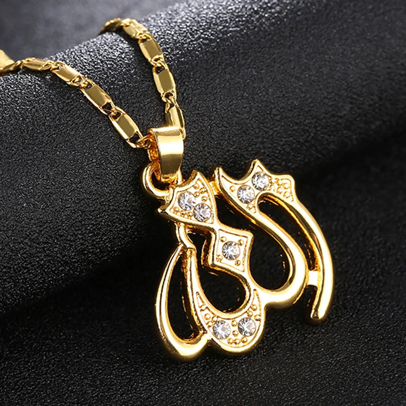 

Statement Real Gold Plated Middle East Cubic Zirconia Allah Pendant Necklace Rhinestone Crystal Muslim Allah Necklace, Picture color