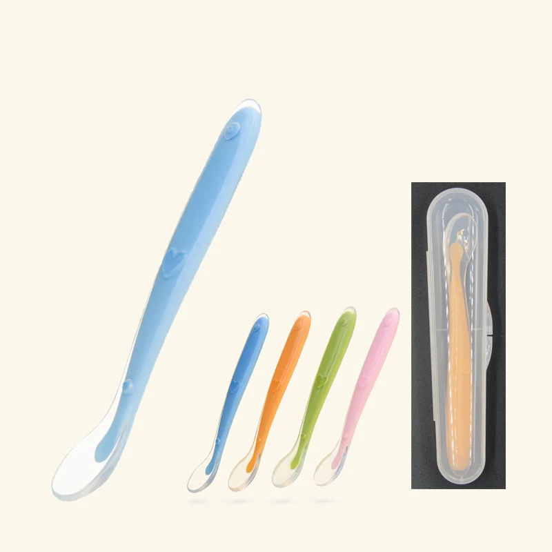 

High Quality Baby Kids Silicone Feeding Spoon Baby Training Soft Spoon with Case Package