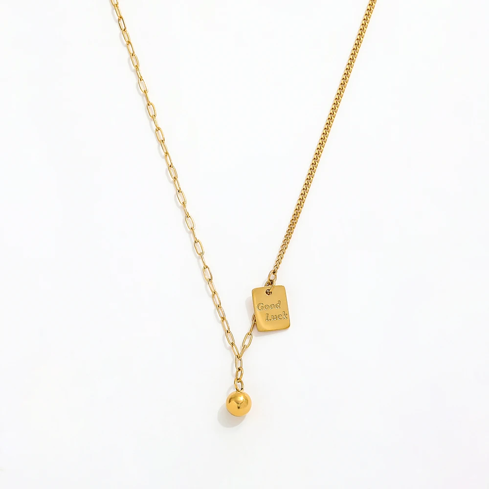 Joolim Jewelry 18K PVD Gold Plated Good Luck Rectangle Pendant Paper Pin Curb Chain Mixed Necklace Stainless Steel Jewelry