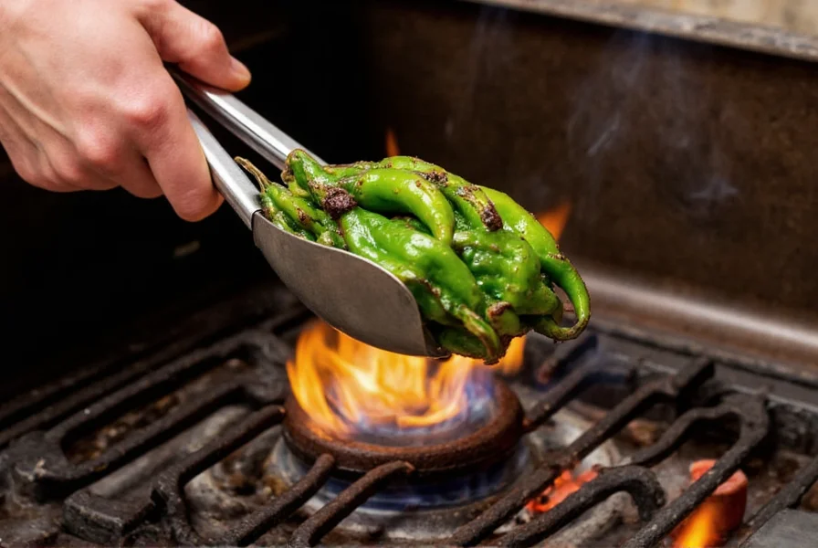 Hand holding tongs with blackened poblano peppers over gas flame