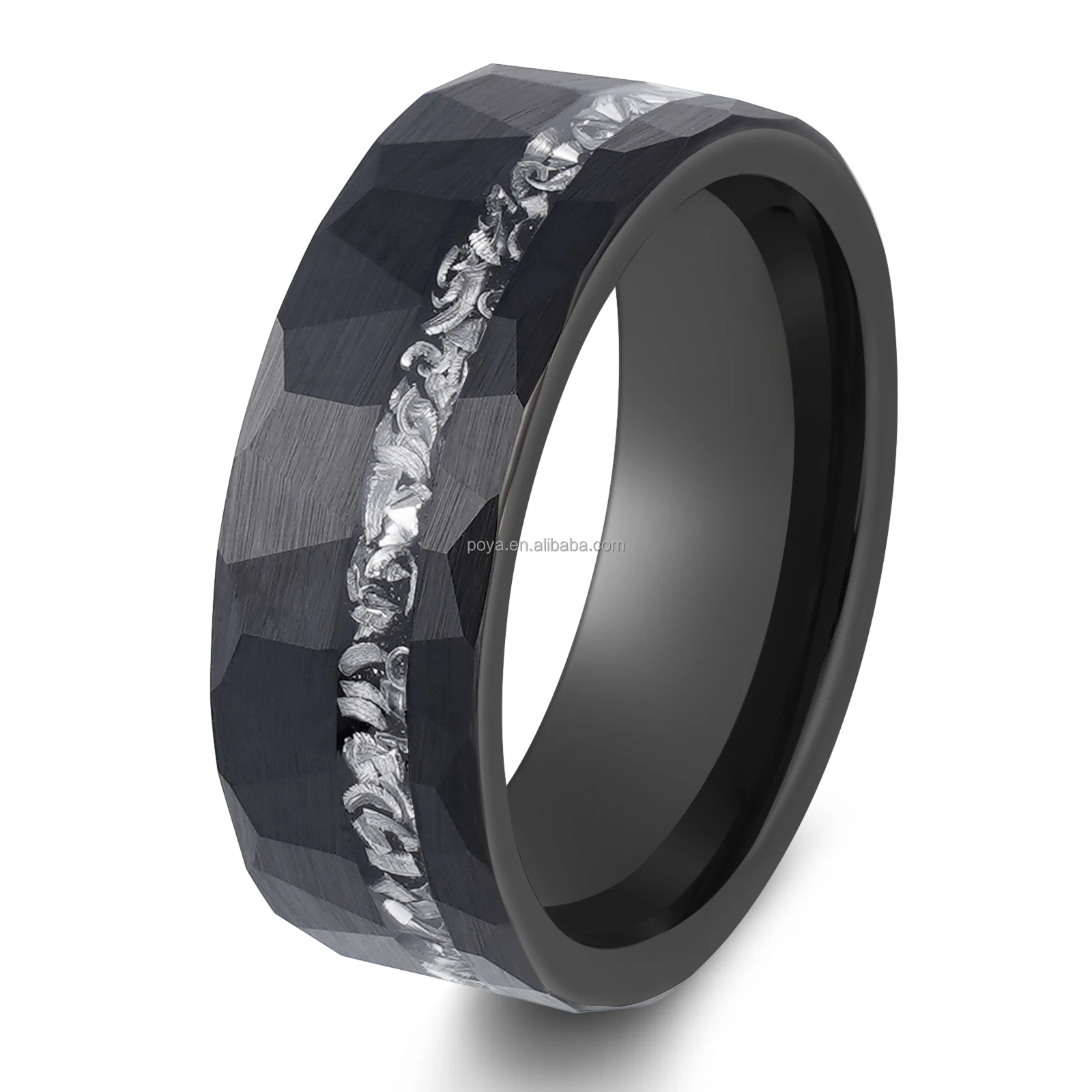 POYA Black Plated Meteorite Shaving Tungsten Ring Inlay Anniversary Bands Fashion Jewelry for Men
